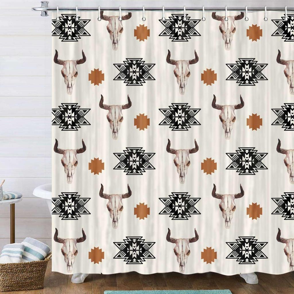 Western Bohemian Shower Curtain Tribal Bull Skull Geometric Beige Bathroom Decorative Shower Curtain with Hook