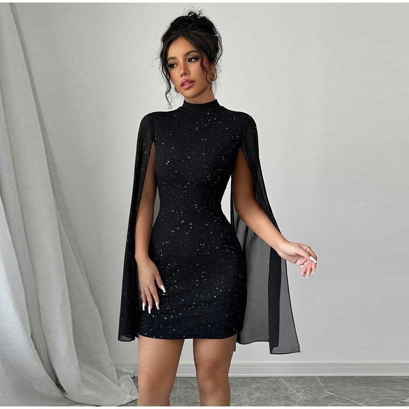 

Декоративное платье с пайетками Полувысокий воротник Юбка-мешок на бедрах Женское праздничное платье Приталенное Модное вечернее платье S чёрный