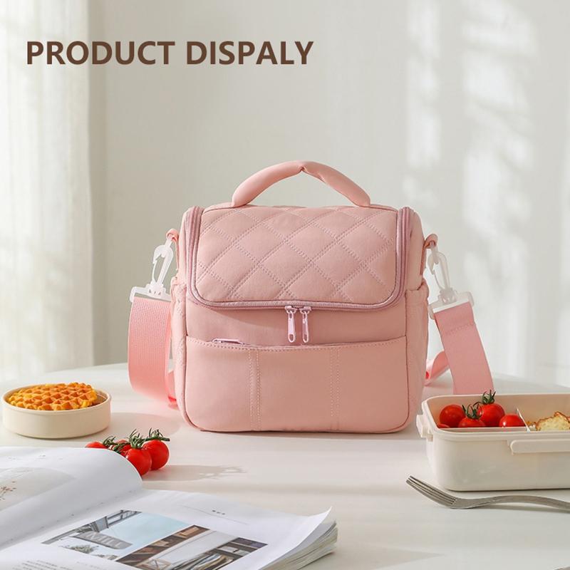 Pink Quilted Insulated Lunch Bag With Removable Strap Padded Handle For Work School Picnics