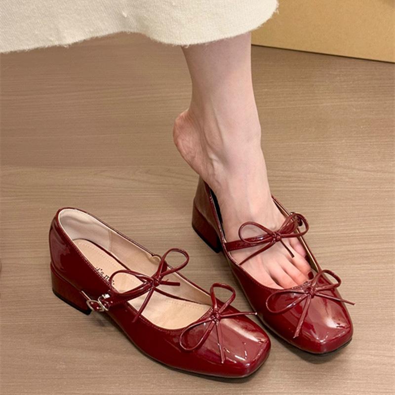 Red Evening Single Shoes French Coarse Heel Square Head Spring/Summer New Butterfly Knot Women's Shoes
