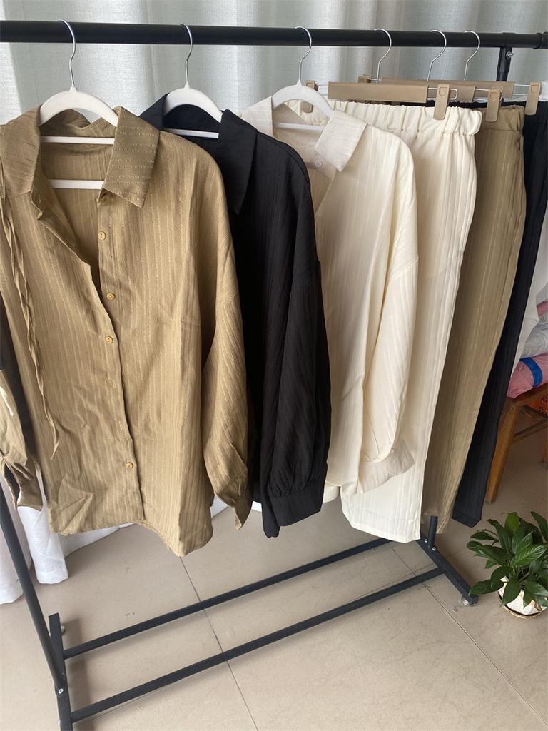 European and American Spot Women's Suit 2025 New Fashion Bubble Long-sleeved Loose Lace-up Shirt Straight Casual Pants Two Pieces