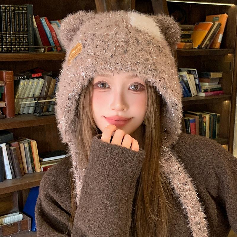 Süße Bärenohren Plüschtasche Hut Damen Winter Warm Ohrschutz Kalt Gestrickte Mütze Großer Kopfumfang Wollmütze