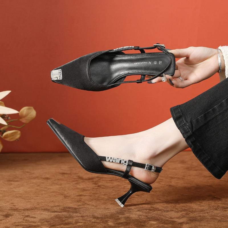 New metal iron head satin rhinestone baotou shoes women's spring and summer, high-heeled sandals women's high-end stiletto