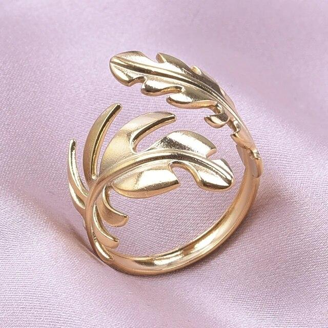 Osobnost Tvar listu Otevřené nastavitelné prsteny pro ženy Nerezová ocel Móda Tvar peří Prsteny na prstech Šperky