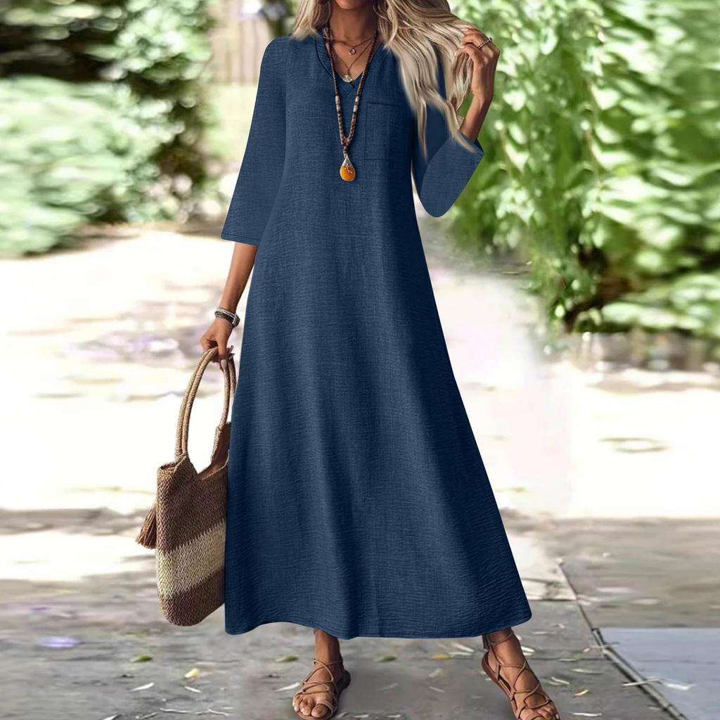 Women's Fashion V-Neck Seven Sleeve Pocket Solid Color Zipper Casual Vacation Long Cotton Linen Dresses