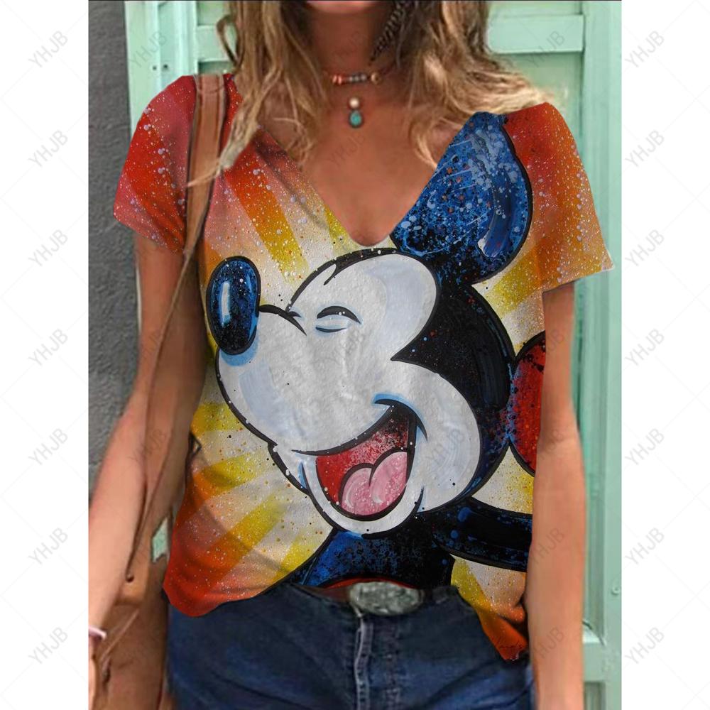 Sommer Ny Mote Dame V-hals Topp Kort Ermet T-skjorte Disney Mikke Mus Trykk Casual Gate Allsidighet Y2K Oversize-5XL