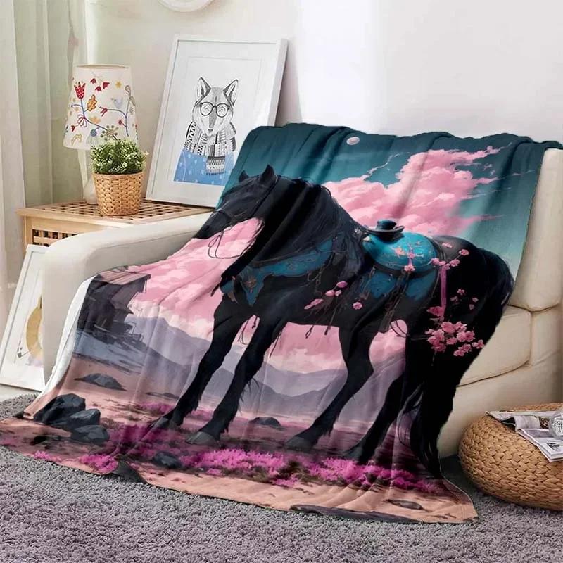 3D Cartoon Horse Print Flannel Throw Blanket – Soft Warm Picnic Blanket, Retro Home & Travel Birthday Gift, Cozy Comfort