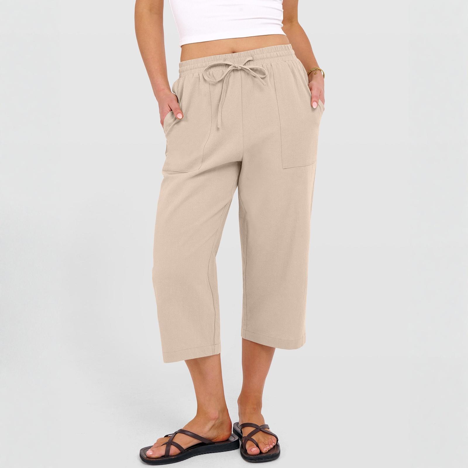 

Летние кэжуал капри для женщин, свободные, на кулиске, с эластичной высокой талией, прямые, укороченные, пляжные брюки L хаки