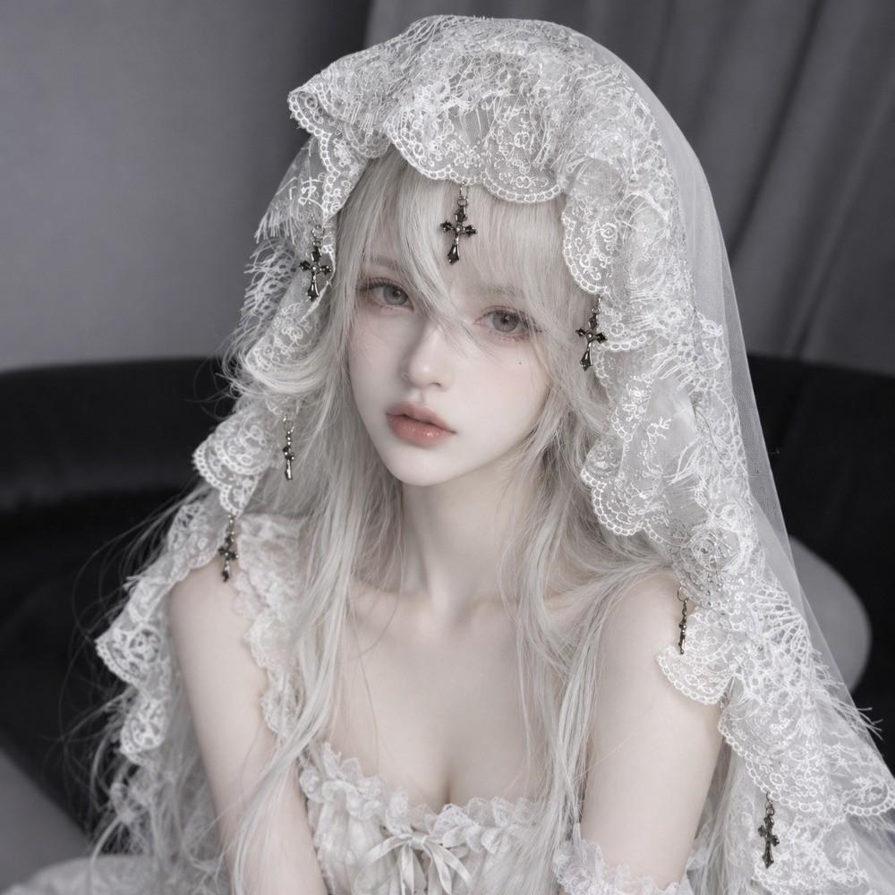 Black and White Lolita Tulle Head Cover Cross Pendant Lolita Lace Veil Y2K Wedding Veil Women