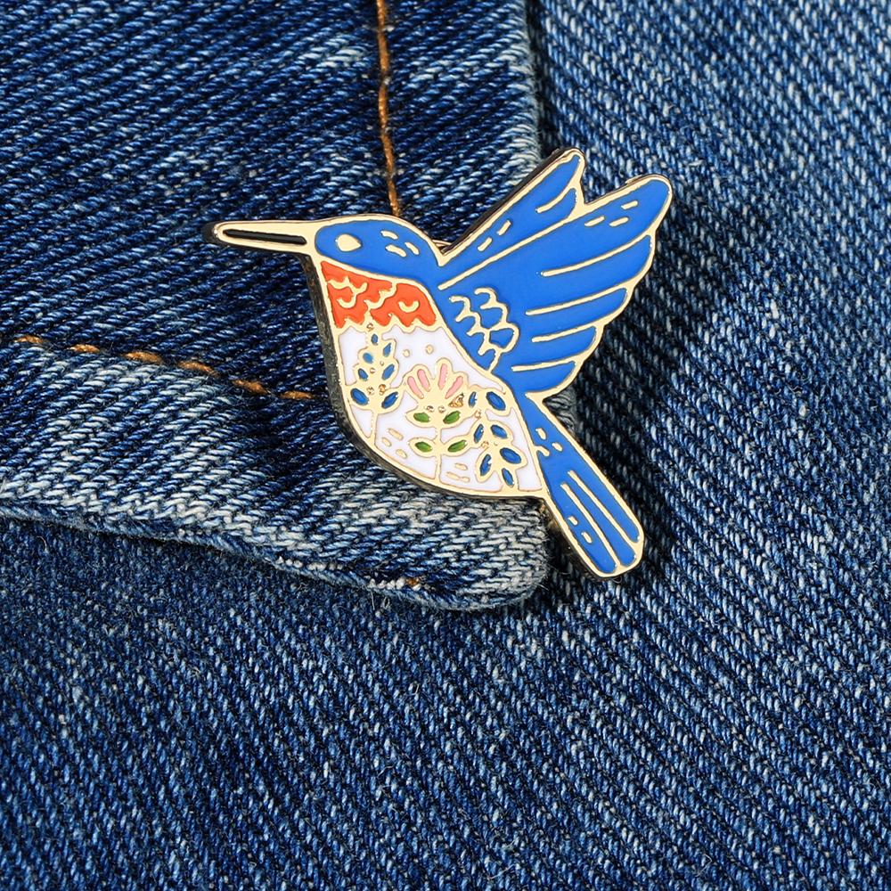 Funny Plant Flower Pattern Design Swallow Enamel Brooches Blue Bird Shaped Golden Pins