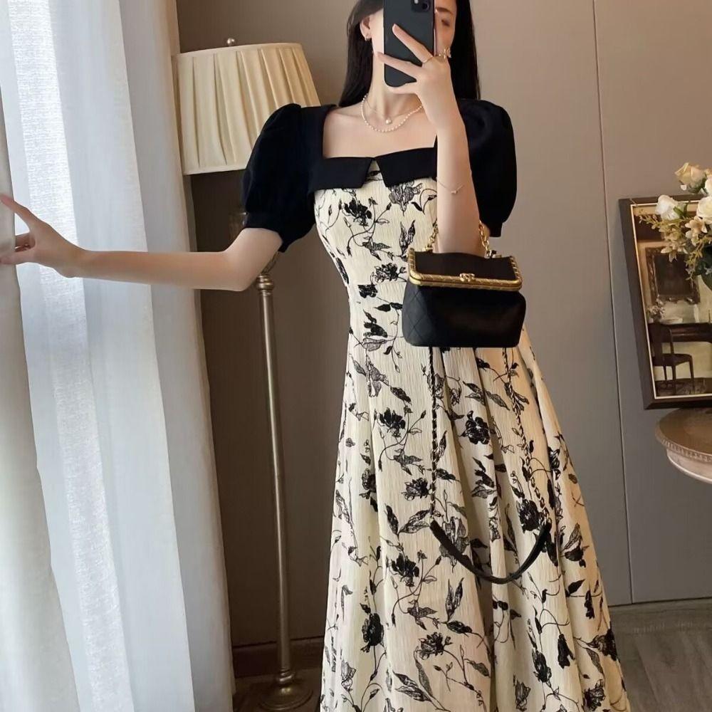 Floral Flower Long Dress Square Neck Short Sleeves Dress Sweet A-line Skirt  Daily
