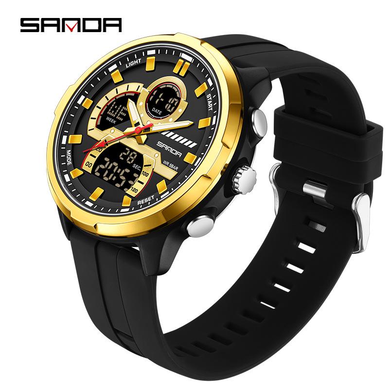 Sanda Men's Multifunctional Waterproof Luminous Watch with Dual Display and Alarm
