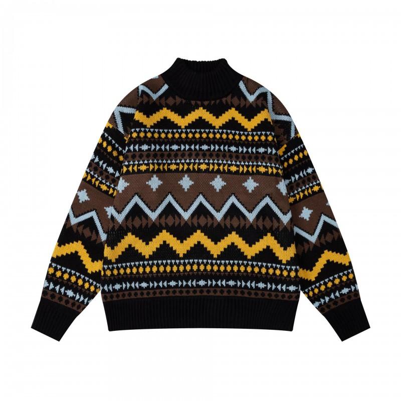 Vintage-Inspired Crew Neck Knit Sweater With Jacquard Unisex Loose Fit Casual Winter Top