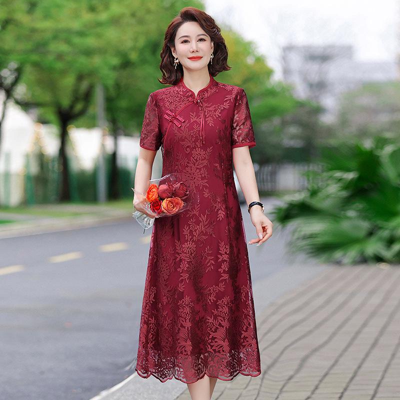 Retro Chinese Style Cheongsam Knee-Length Dress for Middle-Aged Women