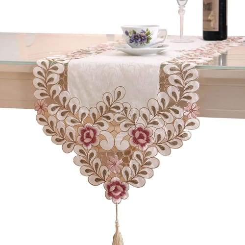 WooJoy Embroidered Lace Table Runner, Elegant Vintage Table Runner for Dressers, Scarves, Cabinets, Dining Room Tables, Decor (40x180cm)