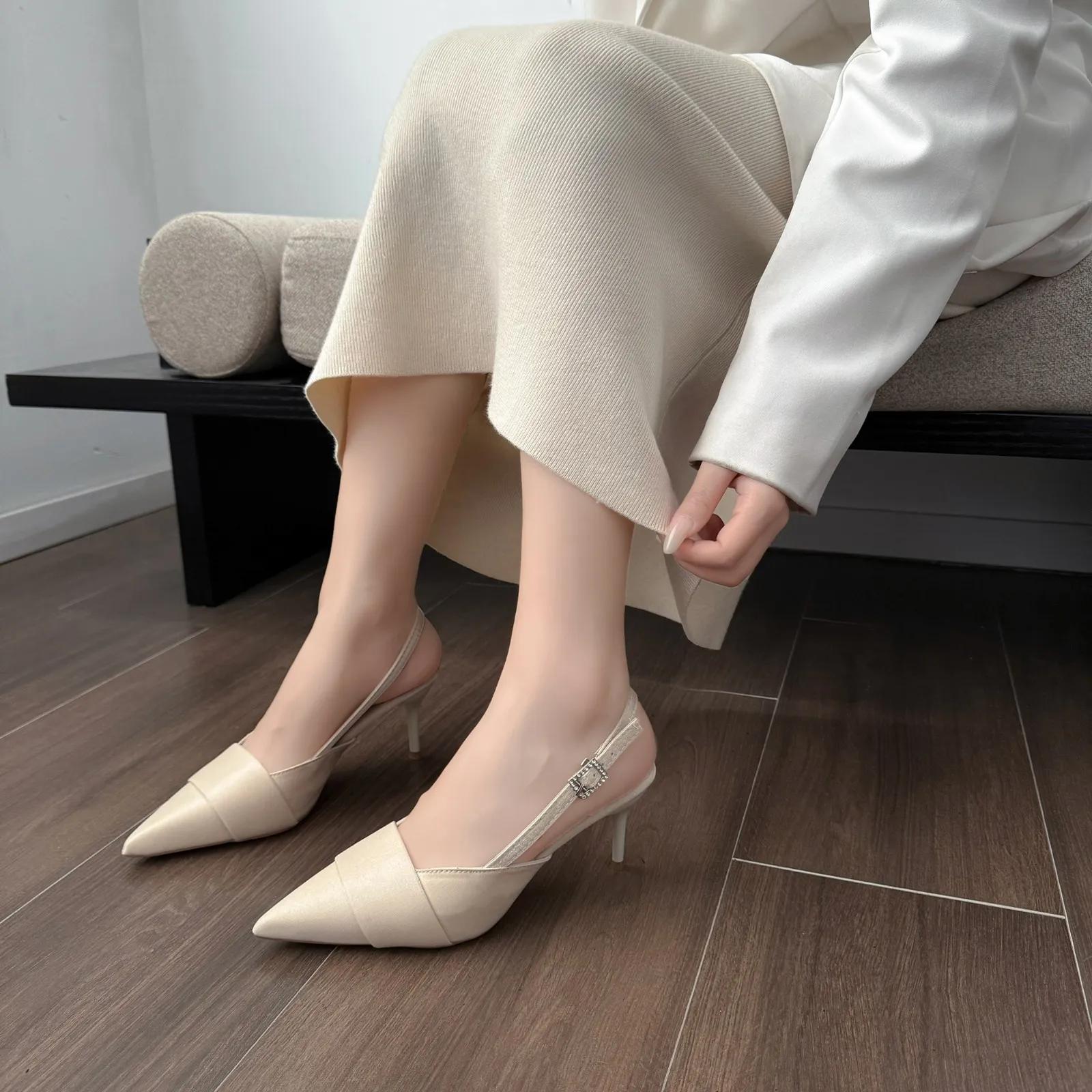 

Designer Sandals Silk Pointed Toe Buckle Strap Women Pumps Elegant Thin High Heels Sandals Sexy Party Stripper Mules Shoes 35