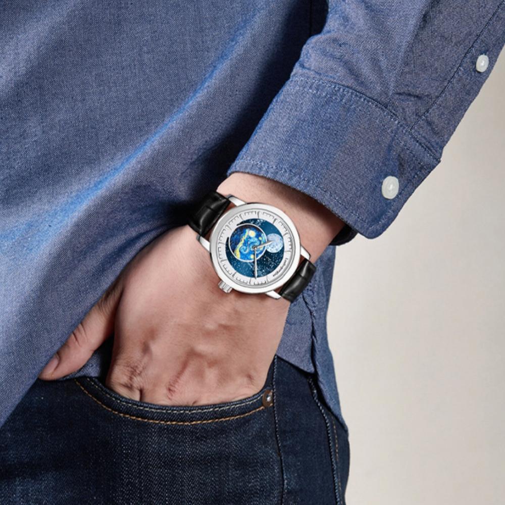 Mode Luxus Leder Automatik Leuchtende Sportuhr Herren Mondphase Sternenhimmel Kunst Zifferblatt Design Mechanische Uhr