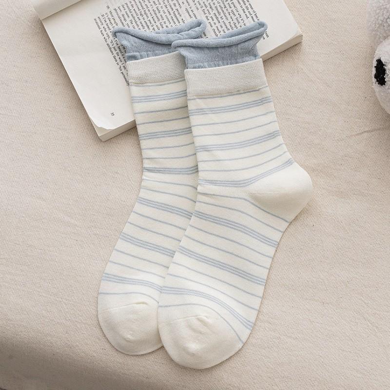 Socks Pure Cotton Boneless Medium Tube Socks Spring And Autumn Thin Hong Kong Style Retro Crimped Striped Cotton Stacking Socks
