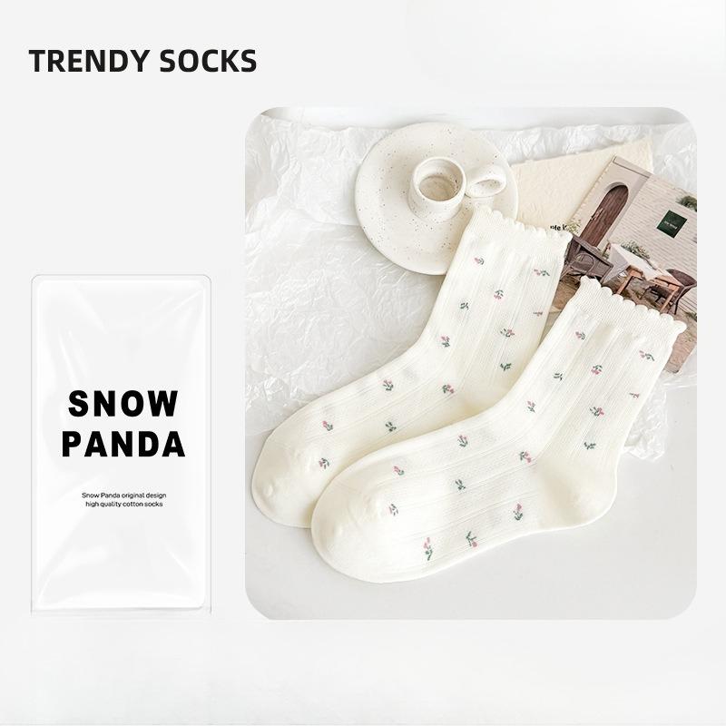 Sock Flowered Lace Socks for Spring and Summer Cotton Socks with Bows, Gray and White Mesh Breathable Women's Socks, Sweet Mid-calf Socks