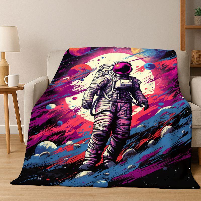 Cartoon Astronaut Universe Spaceman Outer Space Flannel Blanket Soft Warm Throw Blanket for Bedroom Living Room Bed Travel kids
