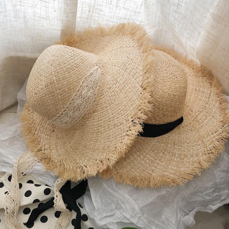 New Spring and Summer Small Fresh Foldable Raffia Woven Straw Hat Beach Big Brim Sunscreen Visor Rough Edge