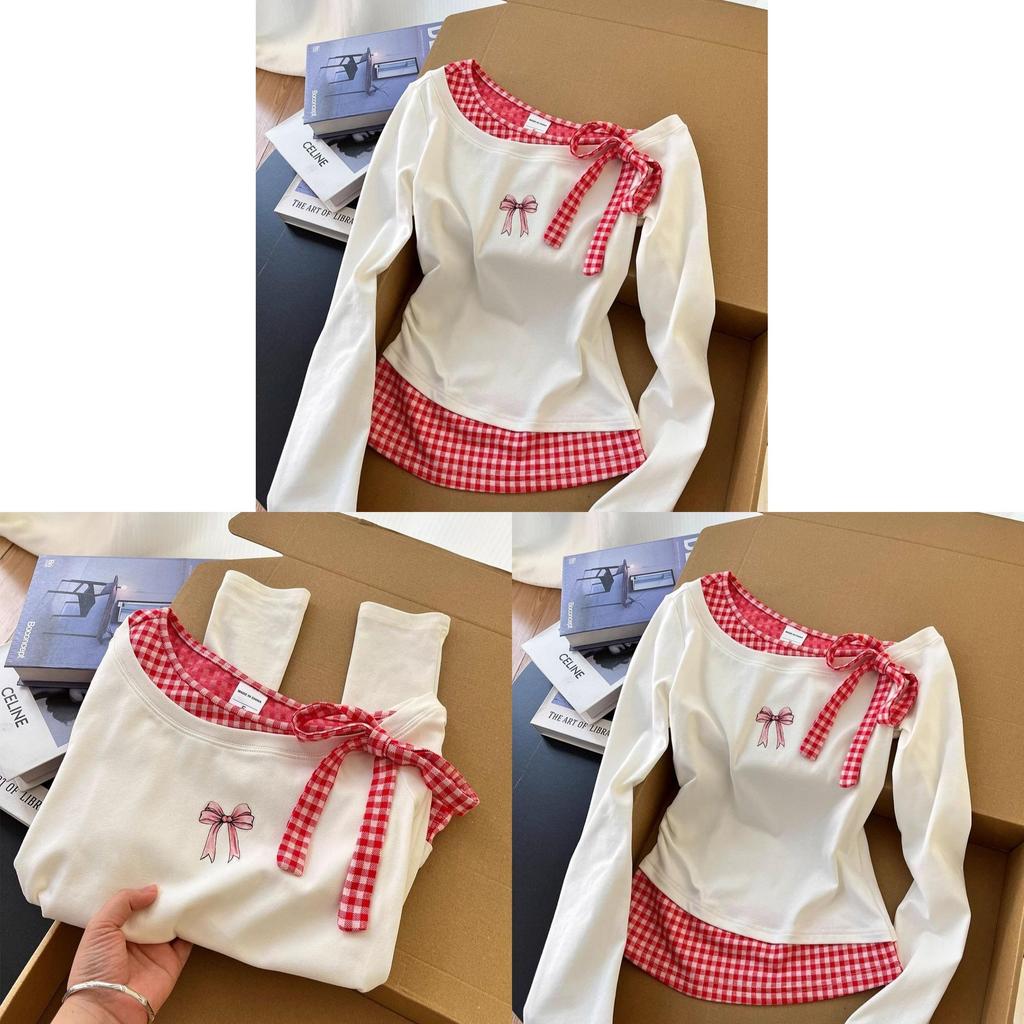Girls Long Sleeve T Shirt With Colorblock Plaid Pattern For Spring Casual Wear