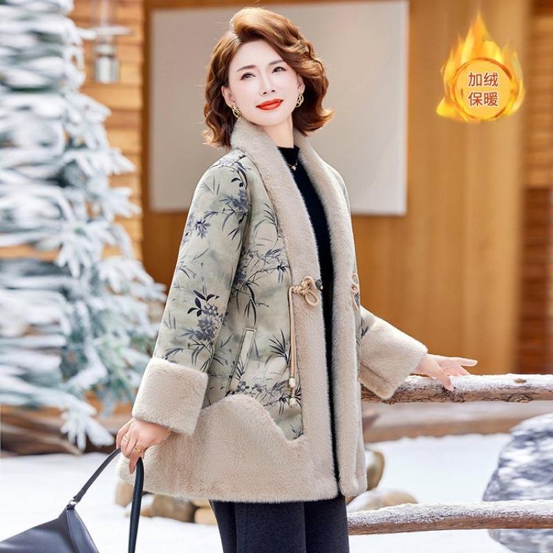 Middle mother fashion warm fur integrated top winter new velvet thickened outer coat women's