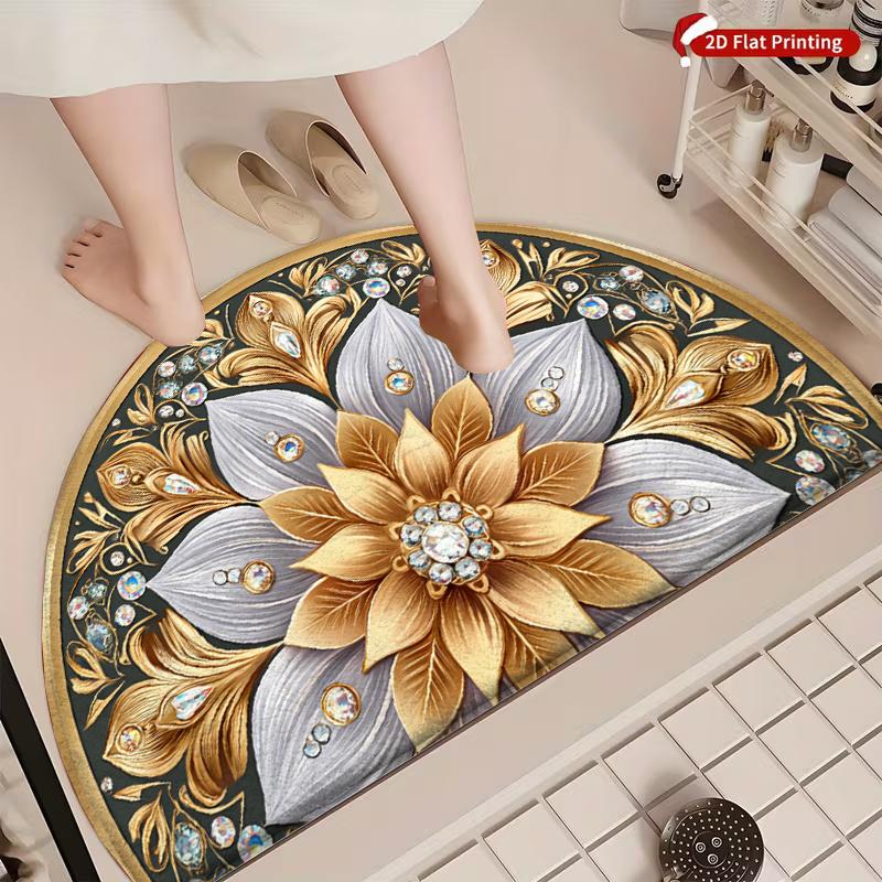 1Pcs Artistic Floral Gold Semi Circle Welcome Doormat Non-Slip for Outdoor Patio Porch Kitchen Bathroom Entryway Floor Mat