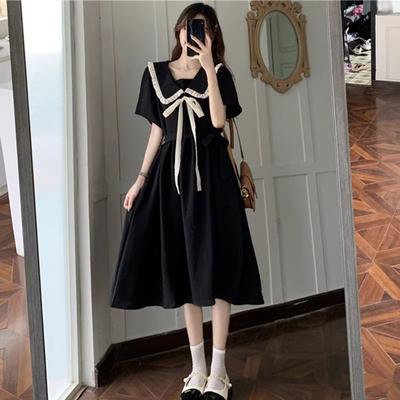 Doll Collar Dress Women's Summer New Fashion Gentle College Style Lace-up Waist Black Long Dress Children