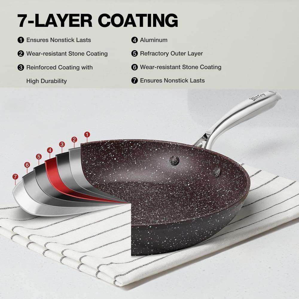 Hlafrg 12-Zoll Braune Marmorpfanne Antihaft-Bratpfanne mit Deckel Steinabgeleitete Beschichtung, APEO- & PFOA-frei Spülmaschinen- Backofenfest