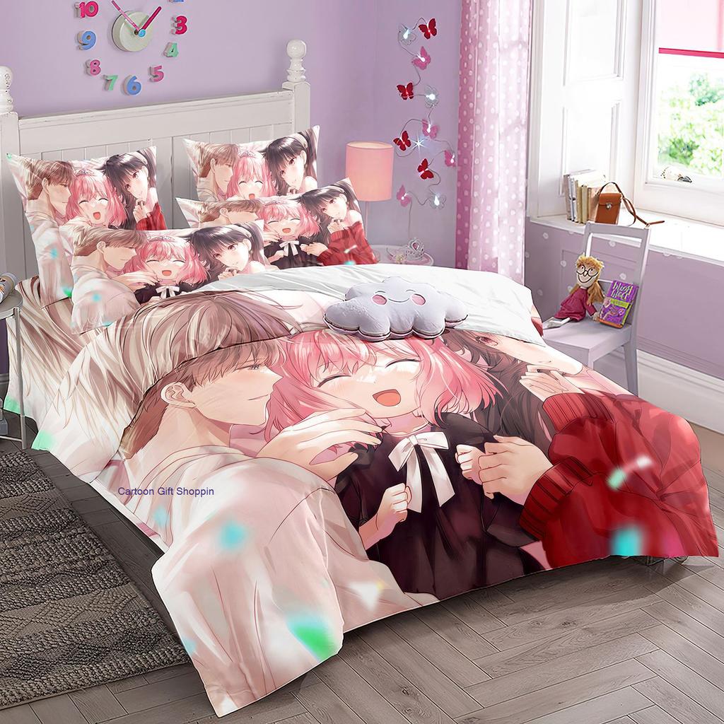 Anime Spy X Family Bedding Set Kawaii Loid Forger Anya Duvet Cover with Pillowcases Girls Boy Kid Set Quilt Cover Set