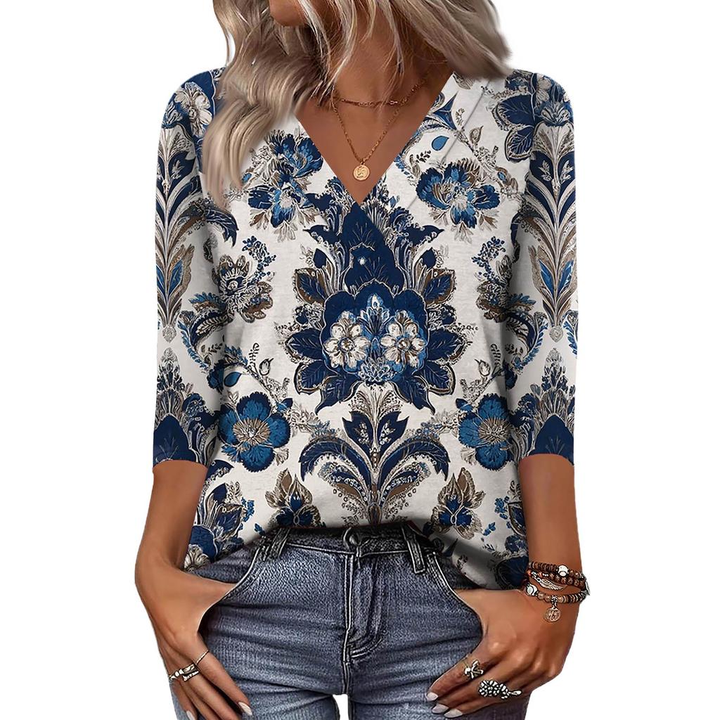 Women's 3/4 Sleeve Shirts V Neck Print Tops Casual Tops Basic Tees Blouse Loose Tops