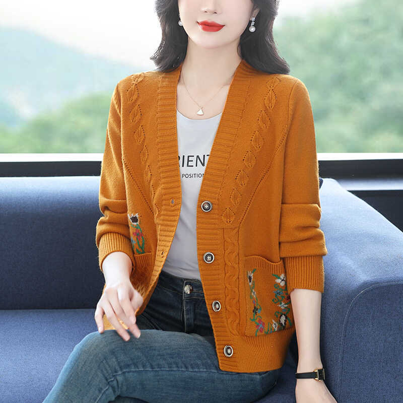 

Мама свитер кардиган куртка женская осень и зима свободный внешний однотонный модный трикотажный топ One size оранжевый