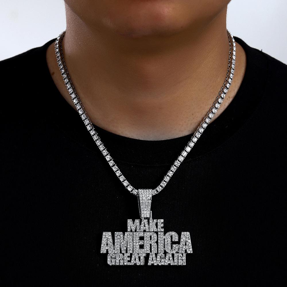 Explosive Make America Create AGAIN Full Diamond Letter Alloy Pendant Hip Hop Men's Necklace
