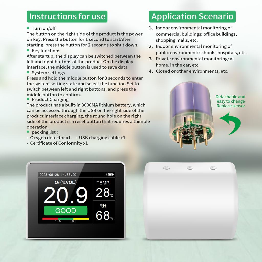 Desktop O2RHTemp. 3in1 Multifunctional Air Quality Detector Temperature Humidity Monitor
