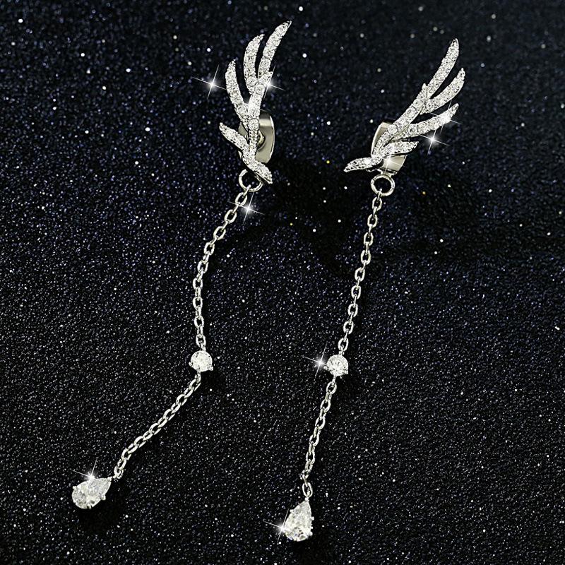 Rhinestone Crystal Angel Wings Tassel Stud Earrings - Fashionable Accessories