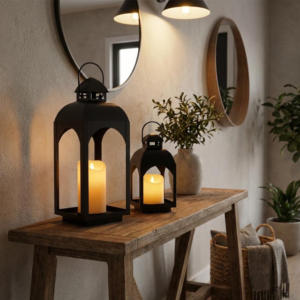 Vintage Set Of 2 Candle Lantern Black Metal Outdoor Lanterns Centerpieces for Patio Front Porch Wedding (Candles Included)