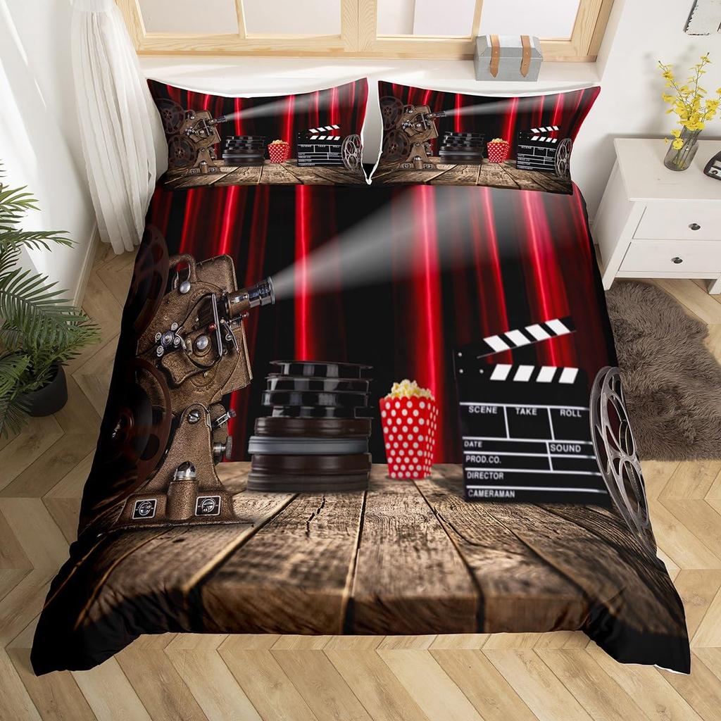 Movie Themed Bedding Set Full Queen for Boys Girls Family Home Theater Decor Vintage Comforter Cover Film Theme Duvet Cover Set