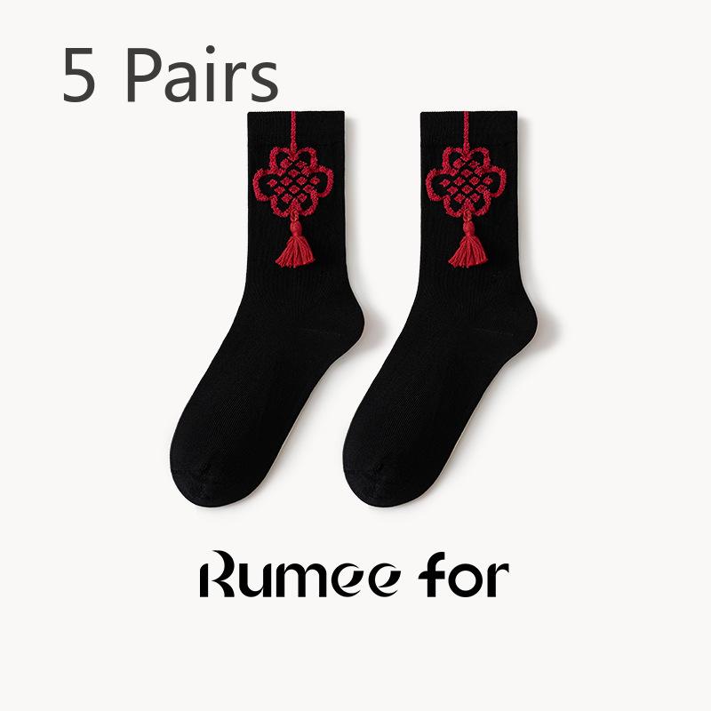 5 Pairs of Female New Year Chinese Knot Retro Sweat Absorbent Non Slip Big Red Tube Socks