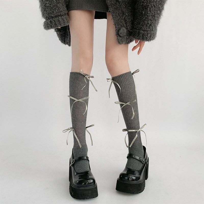 Japanese Style Shimmering Rib Knitted Middle Tube Calf Socks for Women Girls Cute Ribbon Bowknot Long Socks Stockings