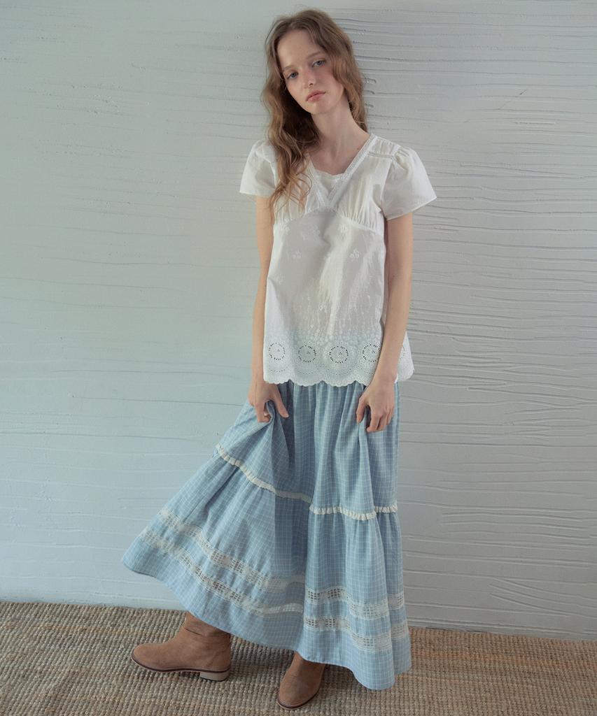 Aueonoseuteljia Mora Lace Check Tiered Skirt_Light Blue(Ob6Sk14)