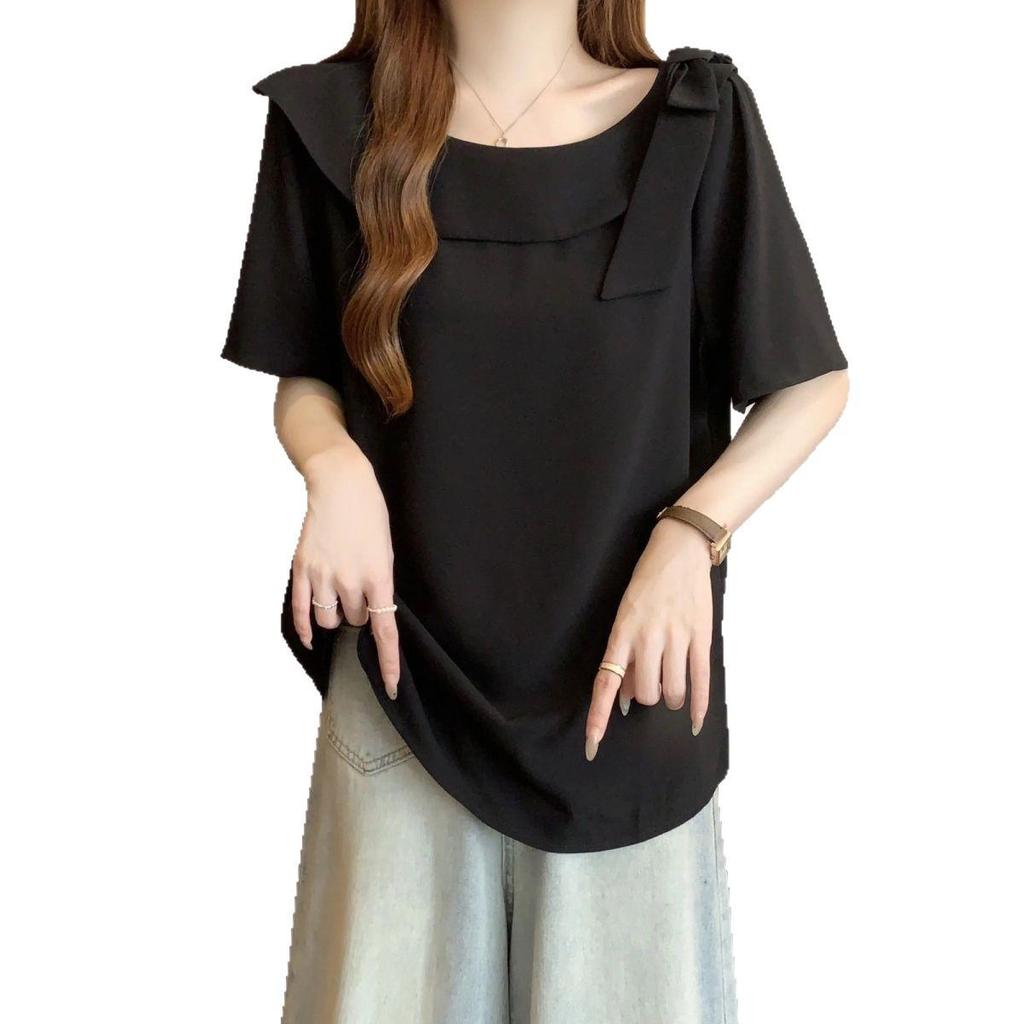 Plus Size Bow Short Sleeve Women's Summer Doll Shirt - New Slimming, Loose-Fit Design