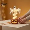 Glowing Tabletop Figures Ghost Pumpkin Yard Lamp Halloween Resin Figurine with Warm LED Light Battery Operated Glow Ornaments Spooky Swirling