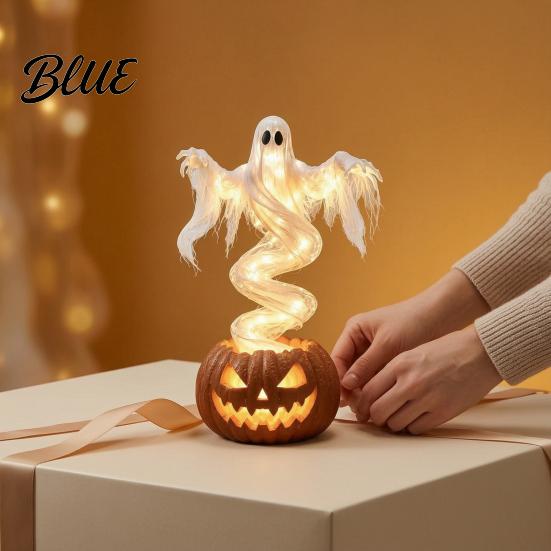 Glowing Tabletop Figures Ghost Pumpkin Yard Lamp Halloween Resin Figurine with Warm LED Light Battery Operated Glow Ornaments Spooky Swirling