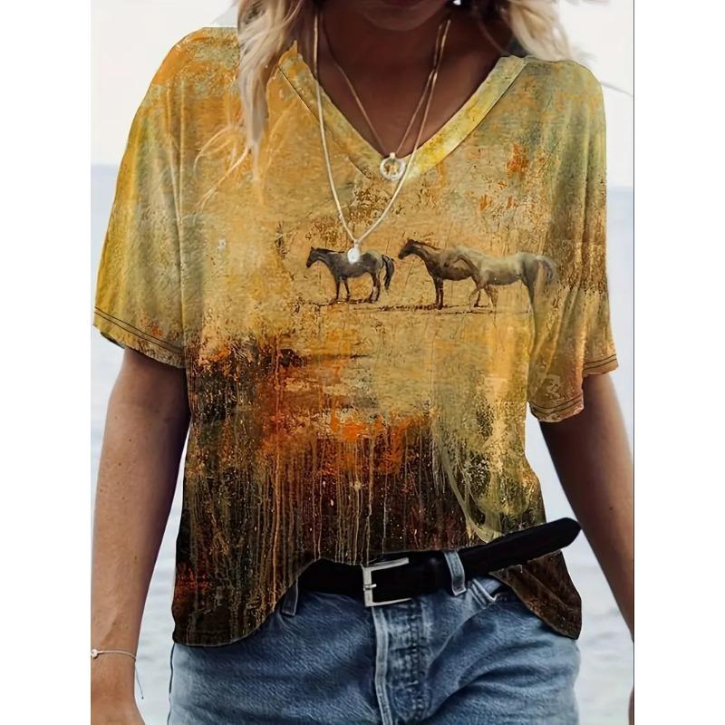 

Модная и удобная футболка с коротким рукавом и V-образным вырезом с животным узором лошади 4XL