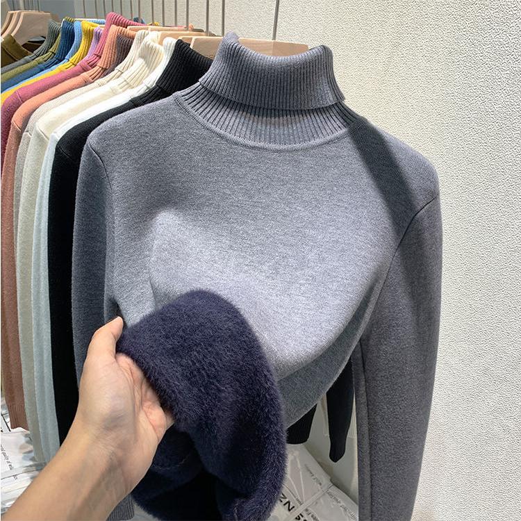 Sweter z wysokim dekoltem dla kobiet, jednolity kolor, casualowy, z grubym polarem, wkładany przez głowę, jednoczęściowy, wewnętrzny z polaru norkowego, dzianinowy sweter jesienno-zimowy