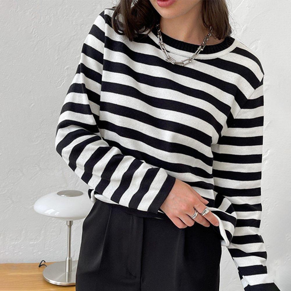 Women Tops Round Neck Long Sleeve Striped Print Sweater Loose Fit Stretchy Retro Knitting Tops Daily Wear