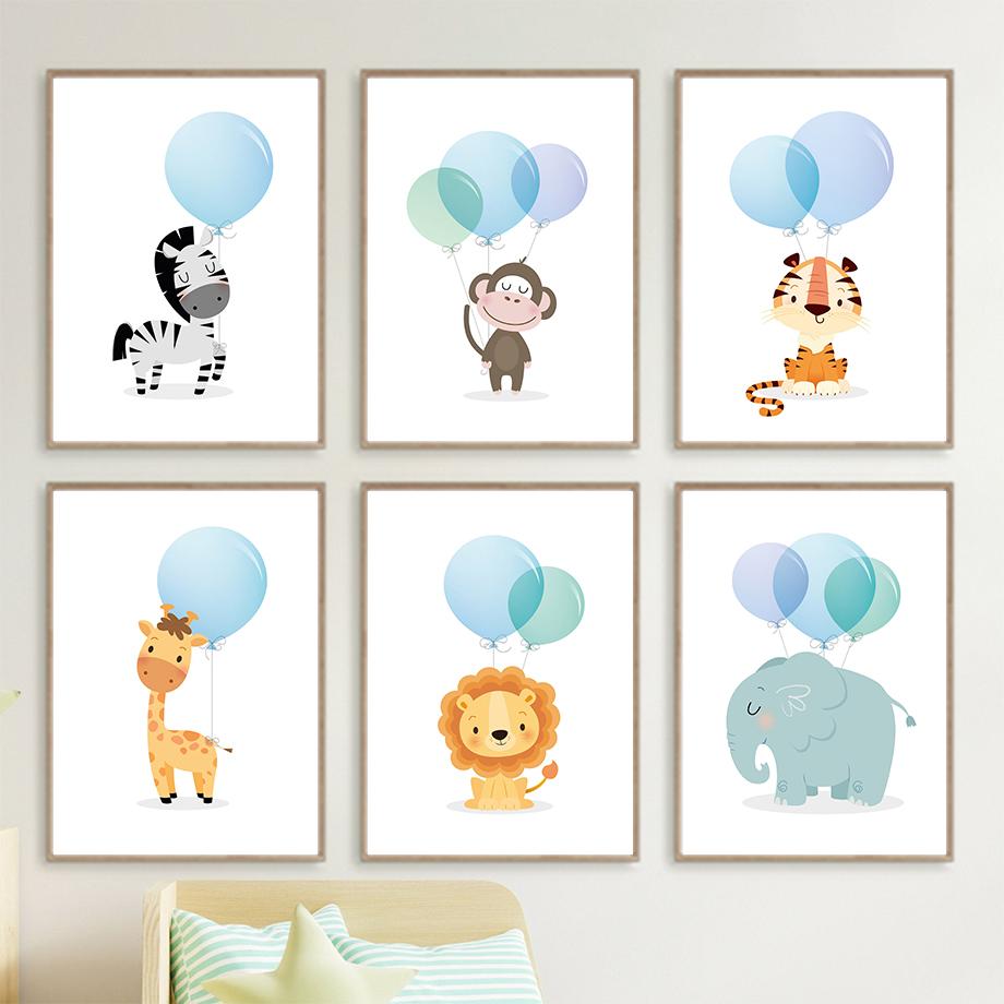 

Blue Balloon Zebra Lion Tiger Elephant Cartoon Wall Art Canvas Painting Nordic Posters And Prints Wall Pictures For Kids Room