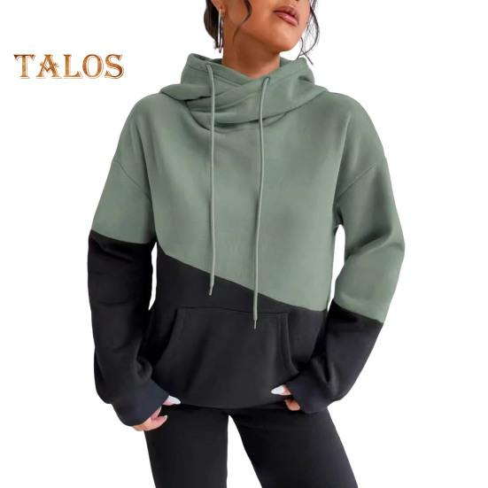 Damska bluza z kapturem na jesień i zimę, z kolorowym blokiem, ściągaczem, długimi rękawami, elastycznymi mankietami i obszyciem oraz dużą kieszenią, gruba sportowa bluzka fitness