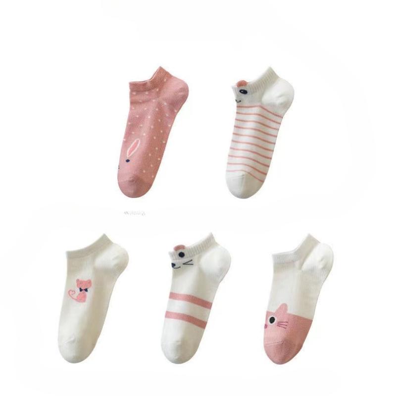 5 Pairs Womens Socks Kitty Crew Short Socks Creative Printing Socks Cartoon Cute Kitten Ankle Sock
